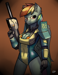 Size: 1024x1311 | Tagged: safe, artist:greenfireartist, derpibooru import, rainbow dash, anthro, abs, armor, breasts, cleavage, female, gun, rainboob dash, solo, unconvincing armor