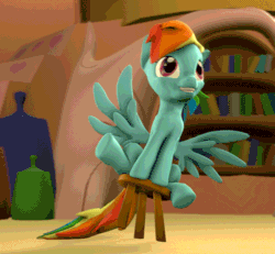 Size: 488x450 | Tagged: safe, artist:argodaemon, rainbow dash, pegasus, pony, testing testing 1-2-3, 3d, 60 fps, :p, animated, cute, dashabetes, derp, gif, library, perfect loop, scene interpretation, silly, silly pony, sitting, smiling, solo, source filmmaker, spread wings, stool, stooldash, tongue out, underhoof