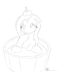 Size: 592x757 | Tagged: safe, artist:alasou, derpibooru import, trixie, pony, unicorn, bath, female, mare, monochrome, patreon, patreon logo, sad, sketch, solo, tomato, tub