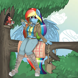 Size: 1500x1500 | Tagged: safe, artist:malamol, derpibooru import, rainbow dash, anthro, bird, :t, abs, alternate hairstyle, bag, bomber jacket, boots, breasts, clothes, cloud, cloudy, dog tags, eating, female, food, jacket, long hair, mug, rainboob dash, sandwich, sitting, sitting in a tree, sky, solo, spread wings, tree, tree branch