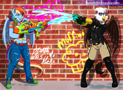 Size: 1280x936 | Tagged: safe, artist:g-blue16, derpibooru import, rainbow dash, oc, oc:iris ironhide, anthro, griffon, bellyring, boots, clothes, gloves, piercing, police officer, wet mane