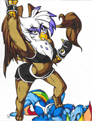 Size: 1675x2202 | Tagged: safe, artist:armpit-warrior, derpibooru import, gilda, rainbow dash, anthro, griffon, armpits, backbend, bruised, clothes, compression shorts, fight, fingerless gloves, gloves, knockout, midriff, mma, sports bra, stepped on, traditional art, trampling