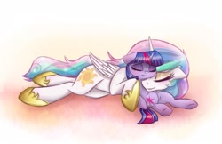 Size: 2597x1680 | Tagged: dead source, safe, artist:magnaluna, derpibooru import, princess celestia, twilight sparkle, alicorn, pony, unicorn, blushing, cheek fluff, cuddling, ethereal mane, eyes closed, female, filly, filly twilight sparkle, lying down, mare, momlestia, simple background, sleeping, smiling, snuggling, sparkly mane, sweet dreams fuel, underhoof, younger