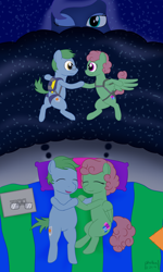 Size: 1500x2500 | Tagged: safe, artist:phallen1, princess luna, oc, oc:software patch, oc:windcatcher, alicorn, pony, dancing, dream, dream walker luna, female, male, one eye closed, sleeping, straight, windpatch, wink