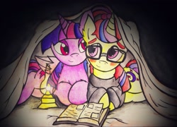 Size: 3393x2437 | Tagged: safe, artist:canvymamamoo, derpibooru import, moondancer, twilight sparkle, twilight sparkle (alicorn), alicorn, amending fences, blanket, book, female, lantern, lesbian, shipping, traditional art, twidancer