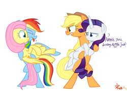 Size: 4500x3243 | Tagged: safe, artist:yaaaco, derpibooru import, applejack, fluttershy, rainbow dash, rarity, earth pony, pegasus, pony, unicorn, carrying, female, flutterdash, lesbian, rarijack, shipping