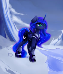 Size: 2900x3437 | Tagged: safe, artist:magnaluna, princess luna, alicorn, pony, armor, cute, female, mare, smiling, snow, solo