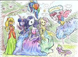 Size: 3313x2420 | Tagged: safe, artist:galaxydreamunicorn, derpibooru import, applejack, fluttershy, pinkie pie, rainbow dash, rarity, spike, twilight sparkle, anthro, earth pony, pony, clothes, colored, dress, gala dress, mane seven, mane six, traditional art