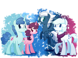 Size: 4000x3000 | Tagged: safe, artist:yaaaco, derpibooru import, double diamond, night glider, party favor, sugar belle, pony, cute, double dawwmond, equal four, favorbetes, glideabetes, grin, looking at you, raised hoof, smiling, sugarbetes