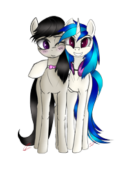 Size: 3197x4239 | Tagged: safe, artist:lunebat, artist:speed-chaser, dj pon-3, octavia melody, vinyl scratch, earth pony, pony, unicorn, blushing, glasses off, one eye closed, scratchtavia, shipping, side hug, simple background, transparent background