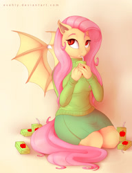 Size: 2000x2600 | Tagged: safe, artist:evehly, derpibooru import, fluttershy, anthro, clothes, female, flutterbat, juice box, solo, sweater, sweatershy