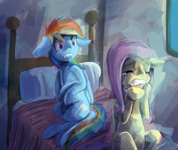 Size: 1005x850 | Tagged: safe, artist:terrac0tta, fluttershy, rainbow dash, pegasus, pony, bed, crying, fanfic art, female, floppy ears, flutterdash, lesbian, mare, shipping