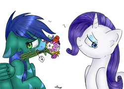 Size: 3500x2500 | Tagged: safe, artist:lovelyheartmlp, rarity, oc, oc:flashy, pony, unicorn, bouquet, canon x oc, shipping