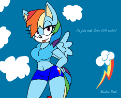 Size: 945x768 | Tagged: safe, artist:rannathehedgehog, artist:shady-fox667, derpibooru import, rainbow dash, anthro, hedgehog, :p, bedroom eyes, belly button, clothes, cutie mark, gotta go fast, looking at you, midriff, sanic, shirt, short shirt, shorts, smiling, solo, sonic the hedgehog, sonic the hedgehog (series), sonicified, species swap, style emulation, tongue out, wings