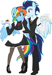 Size: 800x1156 | Tagged: safe, artist:littlecloudie, derpibooru import, rainbow dash, soarin', anthro, clothes, female, maid, male, servant, shipping, soarindash, straight