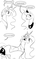 Size: 1280x2048 | Tagged: safe, artist:silfoe, derpibooru import, princess celestia, princess luna, alicorn, pony, dialogue, floppy ears, frown, grayscale, monochrome, open mouth, royal sketchbook, sad, sketch, smiling, speech bubble, woobie