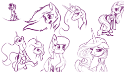 Size: 3048x1769 | Tagged: safe, artist:nadnerbd, derpibooru import, fluttershy, princess celestia, princess luna, rarity, alicorn, pegasus, pony, unicorn, hair over one eye, monochrome, open mouth, sketch, sketch dump, smiling, underhoof