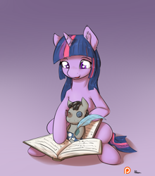 Size: 1100x1250 | Tagged: safe, artist:alasou, derpibooru import, smarty pants, twilight sparkle, book, happy, open mouth, patreon, patreon logo, quill, sitting