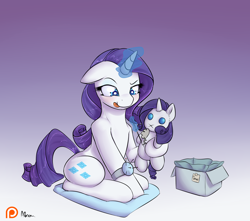 Size: 1500x1325 | Tagged: safe, artist:alasou, derpibooru import, rarity, pony, unicorn, :p, floppy ears, glowing horn, implied spike, levitation, magic, needle, patreon, patreon logo, pillow, pincushion, plushie, rarara, rarity plushie, sewing, sitting, solo, telekinesis, tongue out