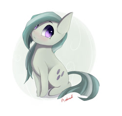 Size: 1000x950 | Tagged: safe, artist:miokomata, marble pie, earth pony, pony, blushing, cute, female, frown, hair over one eye, looking at you, mare, signature, simple background, sitting, solo, white background