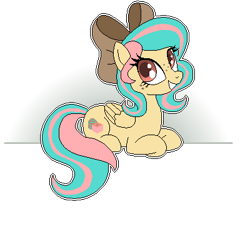 Size: 400x369 | Tagged: safe, artist:matteglaze, oc, oc only, oc:vanilla ganache, pegasus, pony, freckles, grin, hair bow, looking back, lying down, pixel art, smiling, solo