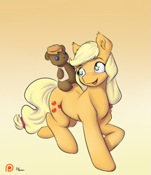 Size: 1125x1300 | Tagged: safe, artist:alasou, derpibooru import, applejack, earth pony, pony, looking back, open mouth, patreon, patreon logo, plushie, solo