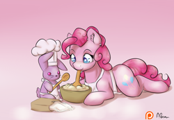 Size: 1280x886 | Tagged: safe, artist:alasou, derpibooru import, pinkie pie, earth pony, pony, rabbit, apron, baking, batter, chef's hat, clothes, cute, diapinkes, ear fluff, female, flour, flour sack, food, hat, mare, mixing, mouth hold, patreon, patreon logo, pink background, plushie, prone, simple background, smiling, solo, spoon