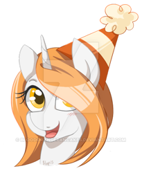 Size: 400x488 | Tagged: safe, artist:bloodorangepancakes, oc, oc only, oc:amber spirit, pony, unicorn, hat, party hat, solo, watermark