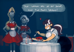 Size: 1280x900 | Tagged: safe, artist:secretgoombaman12345, diamond tiara, human, ask chubby diamond, chubby, cross-popping veins, dialogue, fork, heart, humanized, plates, restaurant, simpsons did it, smiling, the simpsons, tumblr, waitress