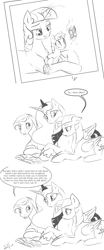 Size: 1280x3072 | Tagged: safe, artist:silfoe, derpibooru import, night light, princess luna, twilight sparkle, twilight sparkle (alicorn), alicorn, pony, female, grayscale, lesbian, mare, monochrome, royal sketchbook, shipping, sketch, twiluna