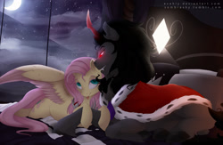 Size: 2000x1300 | Tagged: safe, artist:evehly, derpibooru import, fluttershy, king sombra, pegasus, pony, unicorn, bed, colored wings, colored wingtips, female, male, moon, night, shipping, sombrashy, stars, straight, tongue out