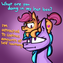 Size: 3000x3000 | Tagged: safe, artist:gyroido, azure velour, scootaloo, cutie mark, pony hat, self loathing, the cmc's cutie marks