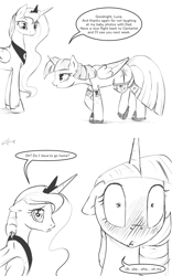 Size: 1280x2048 | Tagged: safe, artist:silfoe, derpibooru import, princess luna, twilight sparkle, twilight sparkle (alicorn), alicorn, pony, bedroom eyes, blushing, clothes, dialogue, female, floppy ears, frown, grayscale, lesbian, looking back, mare, monochrome, puppy dog eyes, royal sketchbook, sad, shipping, sketch, slippers, socks, speech bubble, twiluna, wide eyes