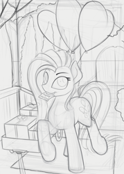 Size: 944x1320 | Tagged: safe, artist:yakovlev-vad, derpibooru import, pinkie pie, earth pony, pony, balloon, looking at you, monochrome, mouth hold, pinkamena diane pie, raised hoof, sketch, smiling, smirk, solo, wip