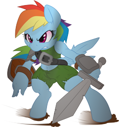 Size: 4030x4316 | Tagged: safe, artist:dfectivedvice, artist:gray-gold, derpibooru import, rainbow dash, anthro, unguligrade anthro, absurd resolution, belly button, clothes, midriff, shield, simple background, solo, sword, transparent background