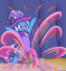 Size: 1625x1750 | Tagged: safe, artist:alasou, derpibooru import, trixie, pony, bipedal, cape, clothes, cute, diatrixes, hat, magic, open mouth, patreon, patreon logo, solo, trixie's cape, trixie's hat, underhoof