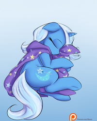 Size: 1000x1250 | Tagged: safe, artist:alasou, derpibooru import, trixie, pony, unicorn, cape, clothes, cute, diatrixes, eyes closed, female, mare, patreon, patreon logo, plot, sleeping, solo, trixie's cape, trixie's hat