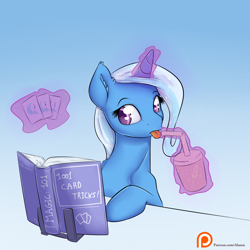 Size: 1300x1300 | Tagged: safe, artist:alasou, derpibooru import, trixie, pony, unicorn, :p, book, drink, drinking, female, glowing horn, levitation, magic, mare, patreon, patreon logo, reading, solo, straw, telekinesis, tongue out