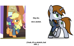 Size: 780x490 | Tagged: safe, applejack, oc, oc:littlepip, earth pony, pony, unicorn, fallout equestria, dungeons and discords, clothes, comparison, fanfic, fanfic art, female, horn, mare, pipbuck, vault suit