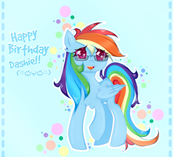 Size: 1793x1625 | Tagged: safe, artist:silvah-chan, rainbow dash, pegasus, pony, cute, dashabetes, glasses, happy birthday, solo