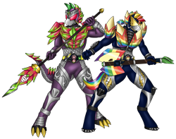 Size: 1979x1560 | Tagged: safe, artist:kamenriderpegasus, derpibooru import, rainbow dash, spike, anthro, unguligrade anthro, armor, axe, dragon fruit, female, guitar, kamen rider, kamen rider gaim, knight spike, male, older spike, spear, weapon, zap apple