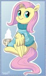 Size: 1231x2000 | Tagged: safe, artist:espeonna, fluttershy, pegasus, pony, alternate hairstyle, best pony, bottomless, chocolate, clothes, cute, cyan eyes, cyan sweater, digital art, female, food, gradient background, head turn, hot chocolate, looking at you, looking back, looking back at you, mare, mug, partial nudity, pink hair, pink mane, pink tail, shyabetes, sitting, smiling, solo, sweater, sweatershy, turtleneck, yellow coat
