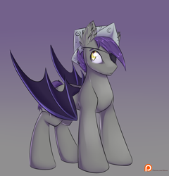 Size: 1250x1300 | Tagged: safe, artist:alasou, derpibooru import, oc, oc only, oc:sunshine smiles (egophiliac), bat pony, pony, bat pony oc, cartographer's cap, eyepatch, hat, moonstuck, patreon, patreon logo, solo