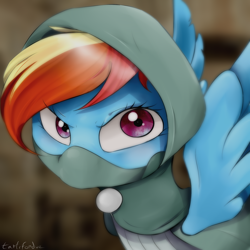 Size: 800x800 | Tagged: safe, artist:okaces, rainbow dash, pegasus, pony, dungeons and discords, clothes, female, mare, rainbow rogue, rogue, solo