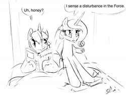 Size: 1280x960 | Tagged: safe, artist:silfoe, derpibooru import, princess cadance, shining armor, alicorn, pony, unicorn, book, concerned, disturbance in the force, grayscale, hair curlers, monochrome, reading, royal sketchbook