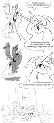 Size: 1280x2880 | Tagged: safe, artist:silfoe, derpibooru import, princess celestia, princess luna, alicorn, pony, flying, grayscale, heart, monochrome, paper, paperwork, royal sketchbook