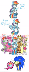 Size: 950x2350 | Tagged: safe, artist:hoshinousagi, derpibooru import, applejack, fluttershy, pinkie pie, rainbow dash, rarity, spike, twilight sparkle, anthro, earth pony, pony, airhorn, clothes, comic, crossover, dress, mane seven, mane six, simple background, skirt, sonic boom, sonic the hedgehog, sonic the hedgehog (series), sonicified, style emulation, white background