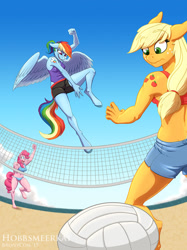 Size: 1280x1707 | Tagged: safe, artist:hobbsmeerkat, derpibooru import, applejack, pinkie pie, rainbow dash, anthro, unguligrade anthro, alternative cutie mark placement, armpits, beach, beach volleyball, volleyball