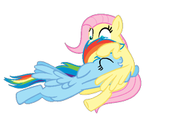 Size: 560x407 | Tagged: dead source, safe, artist:yaaaco, derpibooru import, fluttershy, rainbow dash, pegasus, pony, eyes closed, hug, wide eyes