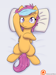 Size: 900x1200 | Tagged: safe, artist:alasou, derpibooru import, scootaloo, armpits, cute, cutealoo, feather, implied rainbow dash, lying, on back, patreon, patreon logo, pillow, solo